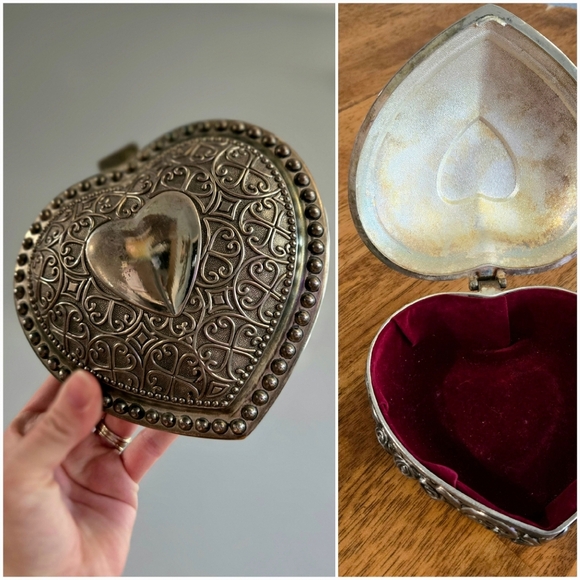 Other - Silver Plated Velvet Lined Intricate Floral Heart Jewelry Trinket Box Vintage